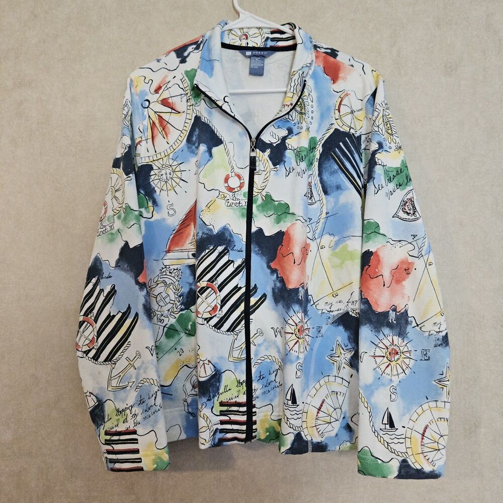 Koret Womens XL Nautical Print Zip Jacket Coastal Sailing Lightweight Top